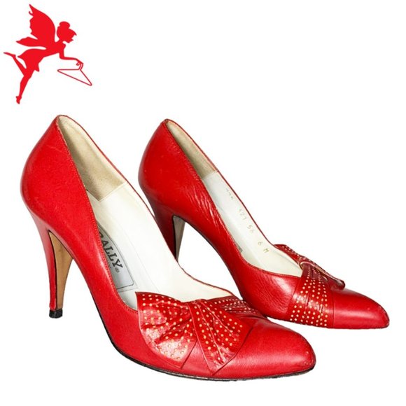 VINTAGE BALLY Leather Pump with Polka Dot Bow Detail - Picture 1 of 9